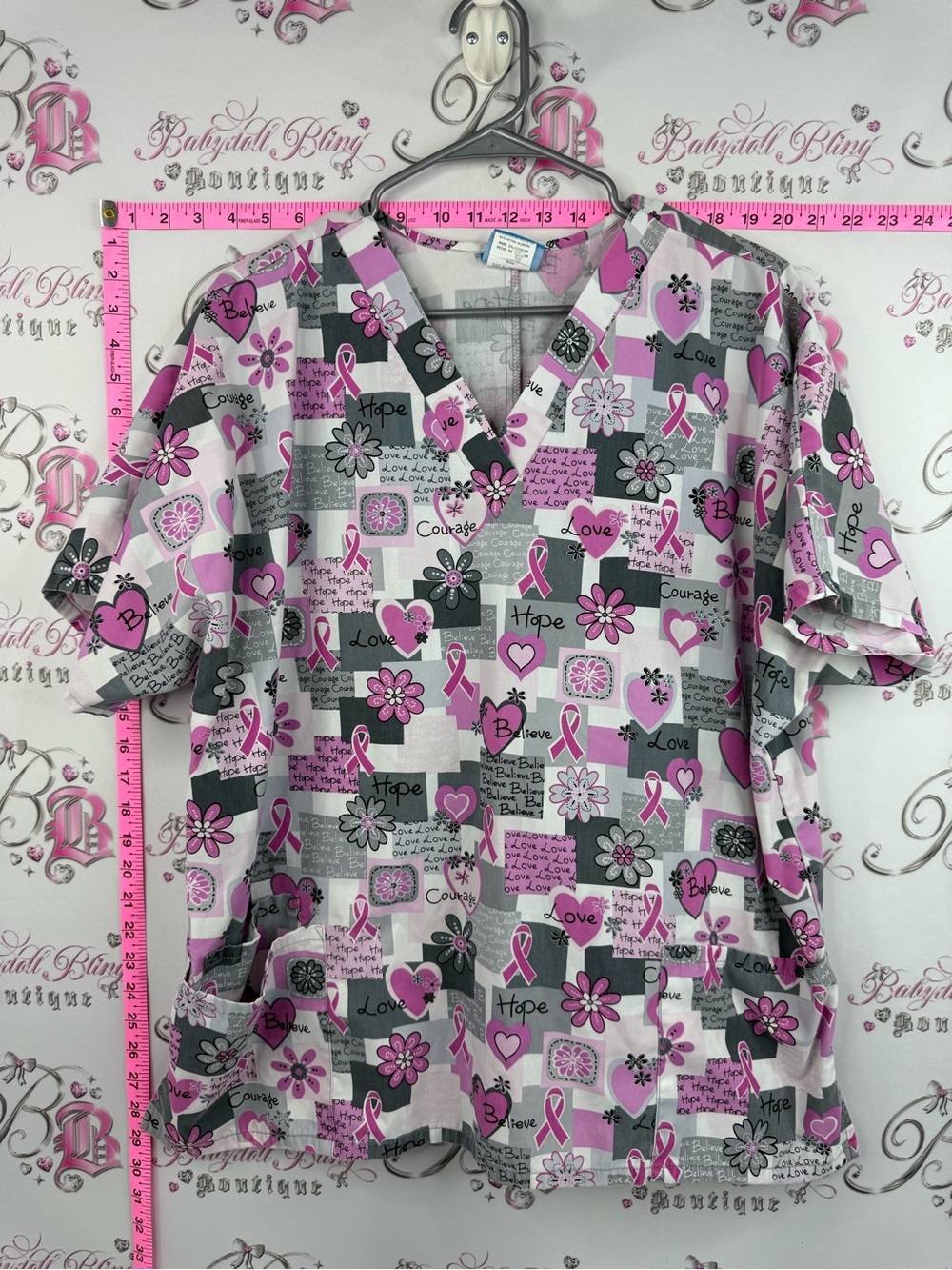 Scrubs tshirt hope cancer care love Women’s Pink Ribbon Print V-Neck Scrub Top